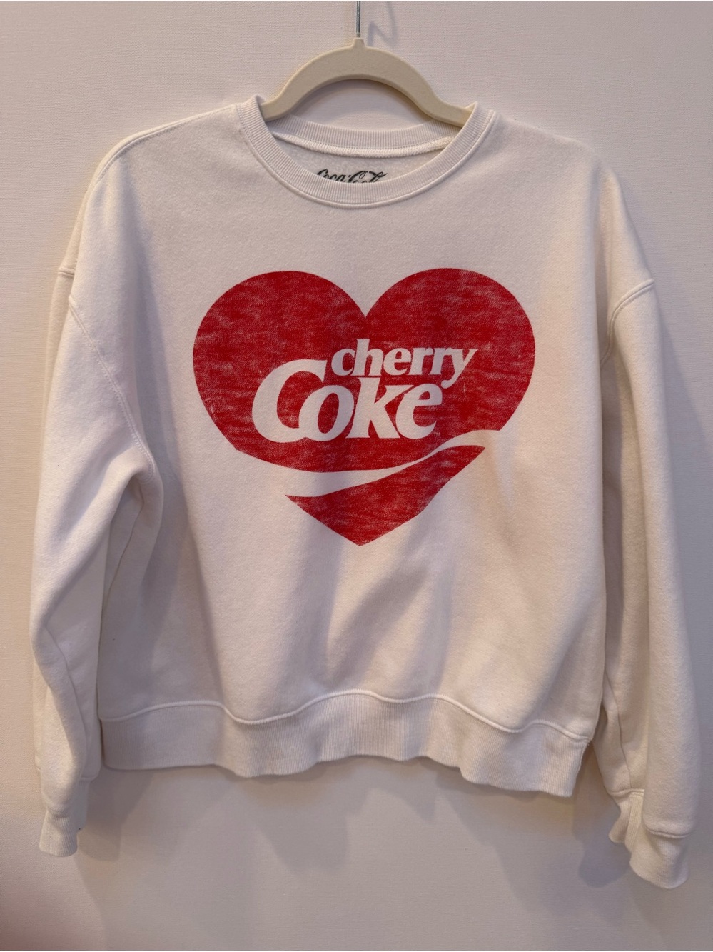 Coca Cola White Crewneck with Red Heart Cherry Coke Graphic